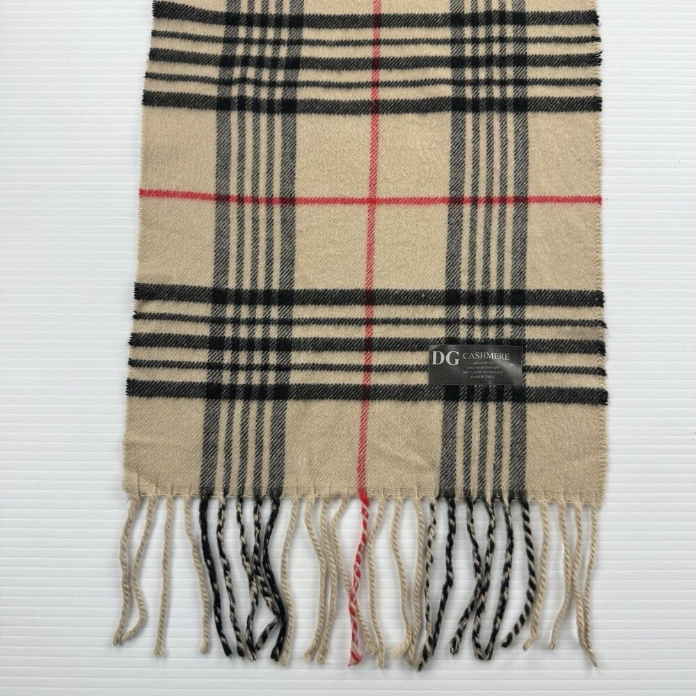 DG Cashmere Plaid Scarf Beige Check Fringe Soft Acrylic Classic Luxury Heritage - Picture 3 of 7